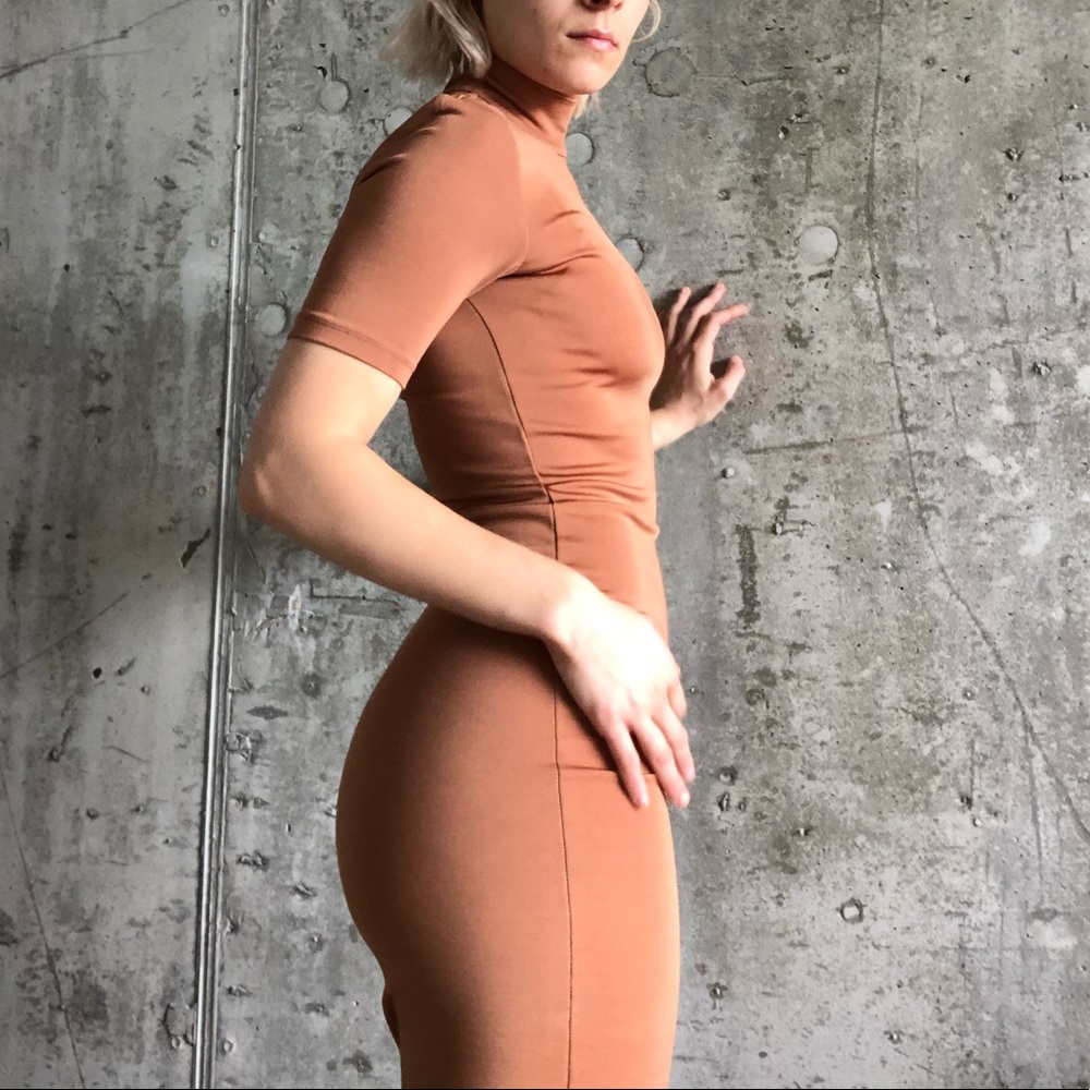 Camel long tight short sleeve turtle neck dress